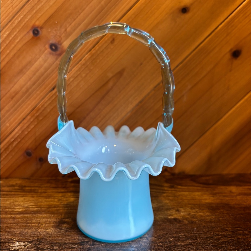 Fenton Blue and White Glass Basket with Ruffled Edge